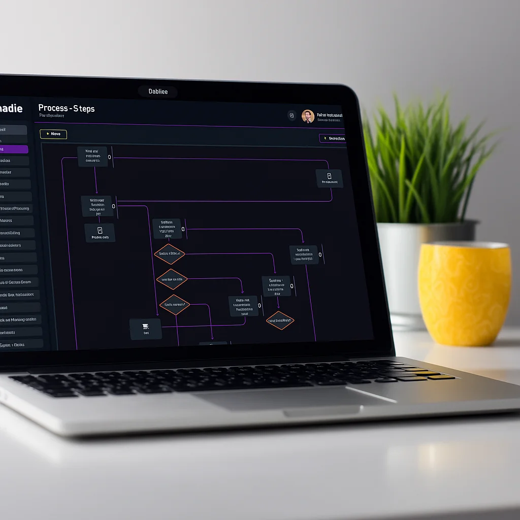 Kadie process steps on a laptop in a bright workspace.